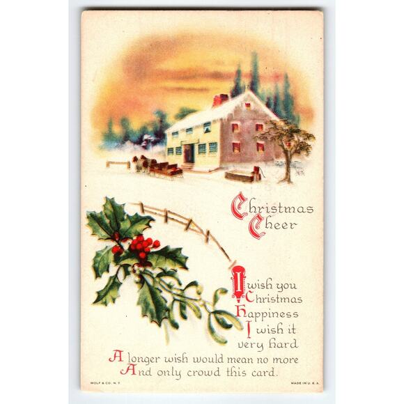 Vintage 1925 Christmas Postcard Snowy House Holly & Sleigh Scene - Picture 1 of 2